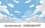 Sky with Clouds illustration in flat style. Sky and clouds background. Cloudy vector cartoon illustration in blue color. Nature abstract wallpaper.