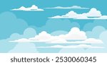 Sky with Clouds illustration in flat style. Sky and clouds background. Cloudy vector cartoon illustration in blue color. Nature abstract wallpaper.