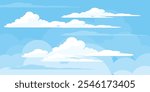 Sky with Clouds illustration in flat style. Sky and clouds background. Cloudy vector cartoon illustration in blue color. Nature abstract wallpaper.