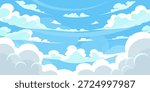 Sky with Clouds illustration in flat style. Sky and clouds background. Cloudy vector cartoon illustration in blue color. Nature abstract wallpaper.