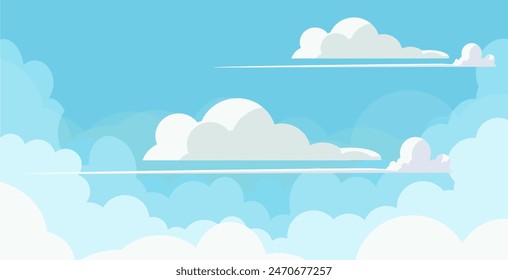 
Sky with Clouds illustration in flat style. Sky and clouds background. Cloudy vector cartoon illustration in blue color. Nature abstract wallpaper.