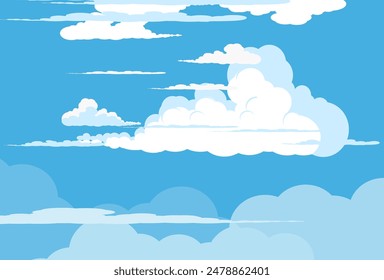 Sky with Clouds illustration in flat style. Sky and clouds background. Cloudy vector cartoon illustration in blue color. Nature abstract wallpaper.