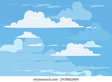 Sky with Clouds illustration in flat style. Sky and clouds background. Cloudy vector cartoon illustration in blue color. Nature abstract wallpaper.