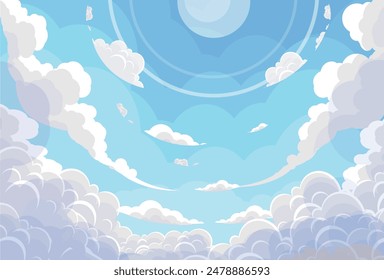 Himmel mit Wolken Illustration im flachen Stil. Himmel und Wolken Hintergrund. Trübe Vektorgrafik Cartoon Illustration in Blau. Natur abstrakte Tapete.