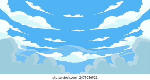 Cielo con Nubes ilustración en estilo plano. Cielo y nubes de fondo. Ilustración de dibujos animados de Vector nublado en color azul. Fondo de pantalla abstracto de Naturaleza.