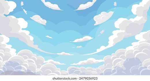 Sky with Clouds illustration in flat style. Sky and clouds background. Cloudy vector cartoon illustration in blue color. Nature abstract wallpaper.