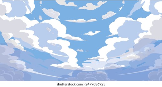 Cielo con Nubes ilustración en estilo plano. Cielo y nubes de fondo. Ilustración de dibujos animados de Vector nublado en color azul. Fondo de pantalla abstracto de Naturaleza.