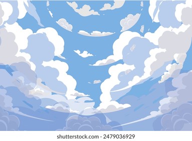 Cielo con Nubes ilustración en estilo plano. Cielo y nubes de fondo. Ilustración de dibujos animados de Vector nublado en color azul. Fondo de pantalla abstracto de Naturaleza.