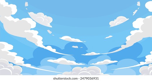 Sky with Clouds illustration in flat style. Sky and clouds background. Cloudy vector cartoon illustration in blue color. Nature abstract wallpaper.