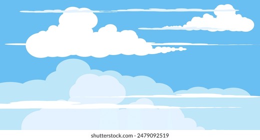 Sky with Clouds illustration in flat style. Sky and clouds background. Cloudy vector cartoon illustration in blue color. Nature abstract wallpaper. 