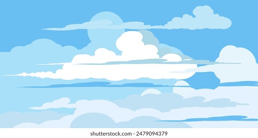 Sky with Clouds illustration in flat style. Sky and clouds background. Cloudy vector cartoon illustration in blue color. Nature abstract wallpaper. 