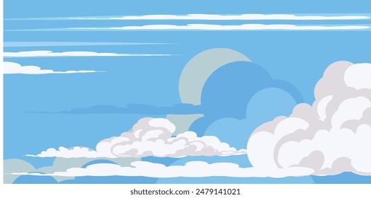 Sky with Clouds illustration in flat style. Sky and clouds background. Cloudy vector cartoon illustration in blue color. Nature abstract wallpaper.