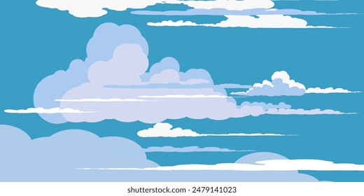 Himmel mit Wolken Illustration im flachen Stil. Himmel und Wolken Hintergrund. Trübe Vektorgrafik Cartoon Illustration in Blau. Natur abstrakte Tapete.