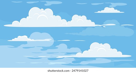 Sky with Clouds illustration in flat style. Sky and clouds background. Cloudy vector cartoon illustration in blue color. Nature abstract wallpaper.