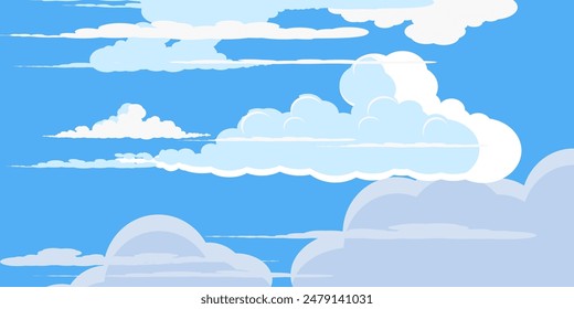 Sky with Clouds illustration in flat style. Sky and clouds background. Cloudy vector cartoon illustration in blue color. Nature abstract wallpaper.