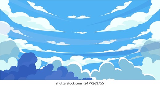 Sky with Clouds illustration in flat style. Sky and clouds background. Cloudy vector cartoon illustration in blue color. Nature abstract wallpaper