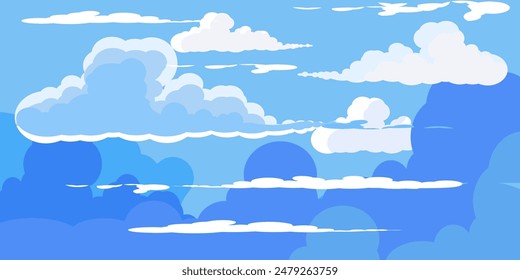 Sky with Clouds illustration in flat style. Sky and clouds background. Cloudy vector cartoon illustration in blue color. Nature abstract wallpaper