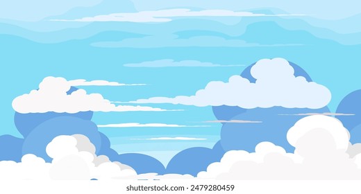 Sky with Clouds illustration in flat style. Sky and clouds background. Cloudy vector cartoon illustration in blue color. Nature abstract wallpaper