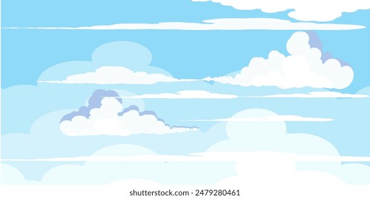 Sky with Clouds illustration in flat style. Sky and clouds background. Cloudy vector cartoon illustration in blue color. Nature abstract wallpaper