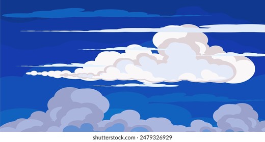 Himmel mit Wolken Illustration im flachen Stil. Himmel und Wolken Hintergrund. Trübe Vektorgrafik Cartoon Illustration in Blau. Natur abstrakte Tapete.