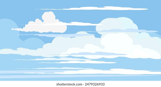 Sky with Clouds illustration in flat style. Sky and clouds background. Cloudy vector cartoon illustration in blue color. Nature abstract wallpaper.
