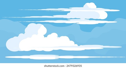 Sky with Clouds illustration in flat style. Sky and clouds background. Cloudy vector cartoon illustration in blue color. Nature abstract wallpaper.