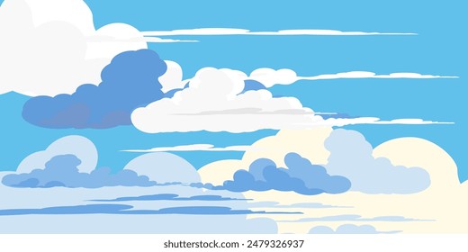 Sky with Clouds illustration in flat style. Sky and clouds background. Cloudy vector cartoon illustration in blue color. Nature abstract wallpaper.