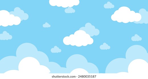 Cielo con Nubes ilustración en estilo plano. Cielo y nubes de fondo. Ilustración de dibujos animados de Vector nublado en color azul. Fondo de pantalla abstracto de Naturaleza.