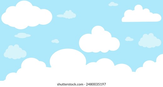 Sky with Clouds illustration in flat style. Sky and clouds background. Cloudy vector cartoon illustration in blue color. Nature abstract wallpaper.
