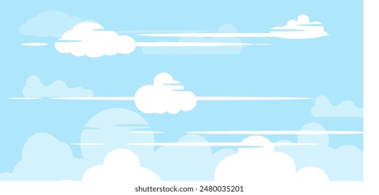 Sky with Clouds illustration in flat style. Sky and clouds background. Cloudy vector cartoon illustration in blue color. Nature abstract wallpaper.