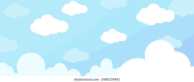 Sky with Clouds illustration in flat style. Sky and clouds background. Cloudy vector cartoon illustration in blue color. Nature abstract wallpaper.