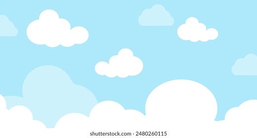 Sky with Clouds illustration in flat style. Sky and clouds background. Cloudy vector cartoon illustration in blue color. Nature abstract wallpaper.