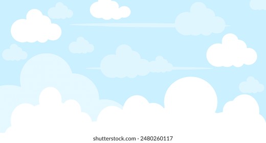 Cielo con Nubes ilustración en estilo plano. Cielo y nubes de fondo. Ilustración de dibujos animados de Vector nublado en color azul. Fondo de pantalla abstracto de Naturaleza.