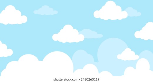 Sky with Clouds illustration in flat style. Sky and clouds background. Cloudy vector cartoon illustration in blue color. Nature abstract wallpaper.