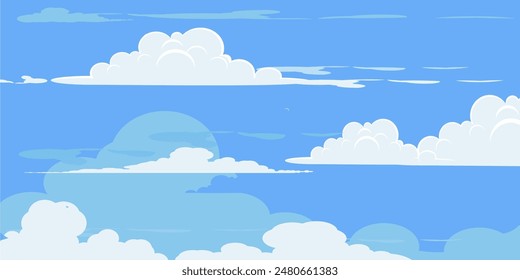 Sky with Clouds illustration in flat style. Sky and clouds background. Cloudy vector cartoon illustration in blue color. Nature abstract wallpaper.