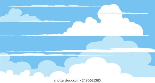 Sky with Clouds illustration in flat style. Sky and clouds background. Cloudy vector cartoon illustration in blue color. Nature abstract wallpaper.