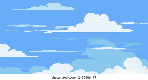 Sky with Clouds illustration in flat style. Sky and clouds background. Cloudy vector cartoon illustration in blue color. Nature abstract wallpaper.