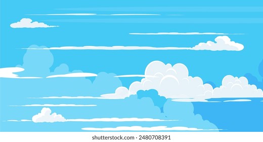 Sky with Clouds illustration in flat style. Sky and clouds background. Cloudy vector cartoon illustration in blue color. Nature abstract wallpaper.