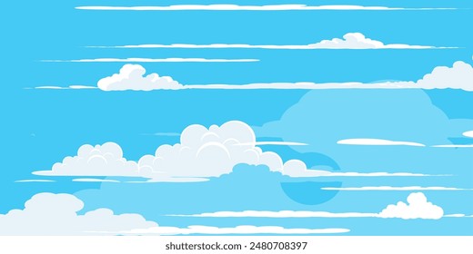 Sky with Clouds illustration in flat style. Sky and clouds background. Cloudy vector cartoon illustration in blue color. Nature abstract wallpaper.