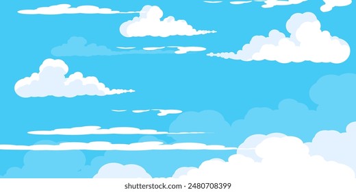 Sky with Clouds illustration in flat style. Sky and clouds background. Cloudy vector cartoon illustration in blue color. Nature abstract wallpaper.