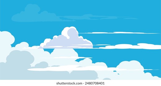 Cielo con Nubes ilustración en estilo plano. Cielo y nubes de fondo. Ilustración de dibujos animados de Vector nublado en color azul. Fondo de pantalla abstracto de Naturaleza.