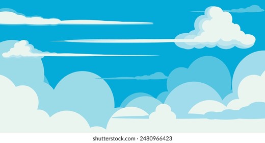Cielo con Nubes ilustración en estilo plano. Cielo y nubes de fondo. Ilustración de dibujos animados de Vector nublado en color azul. Fondo de pantalla abstracto de Naturaleza.