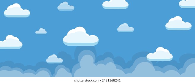 Cielo con Nubes ilustración en estilo plano. Cielo y nubes de fondo. Ilustración de dibujos animados de Vector nublado en color azul. Fondo de pantalla abstracto de Naturaleza.