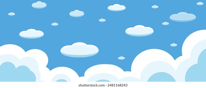 Cielo con Nubes ilustración en estilo plano. Cielo y nubes de fondo. Ilustración de dibujos animados de Vector nublado en color azul. Fondo de pantalla abstracto de Naturaleza.