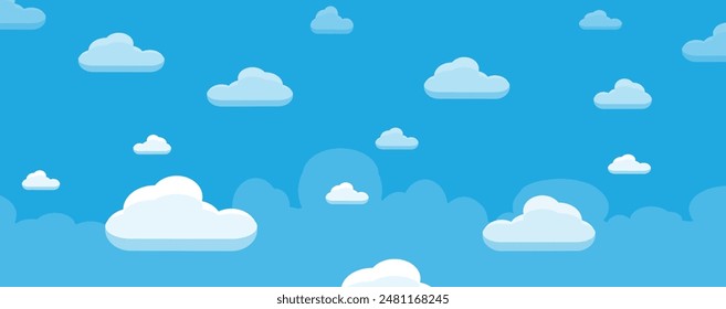 Cielo con Nubes ilustración en estilo plano. Cielo y nubes de fondo. Ilustración de dibujos animados de Vector nublado en color azul. Fondo de pantalla abstracto de Naturaleza.