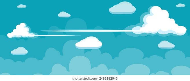 Sky with Clouds illustration in flat style. Sky and clouds background. Cloudy vector cartoon illustration in blue color. Nature abstract wallpaper.