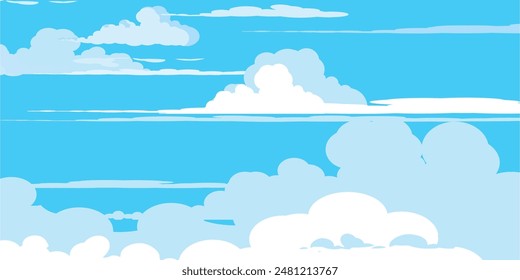 Sky with Clouds illustration in flat style. Sky and clouds background. Cloudy vector cartoon illustration in blue color. Nature abstract wallpaper.