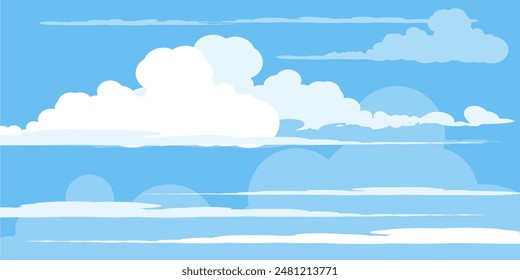 Cielo con Nubes ilustración en estilo plano. Cielo y nubes de fondo. Ilustración de dibujos animados de Vector nublado en color azul. Fondo de pantalla abstracto de Naturaleza.