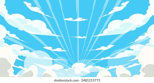 Cielo con Nubes ilustración en estilo plano. Cielo y nubes de fondo. Ilustración de dibujos animados de Vector nublado en color azul. Fondo de pantalla abstracto de Naturaleza.