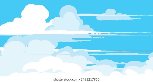 Sky with Clouds illustration in flat style. Sky and clouds background. Cloudy vector cartoon illustration in blue color. Nature abstract wallpaper.